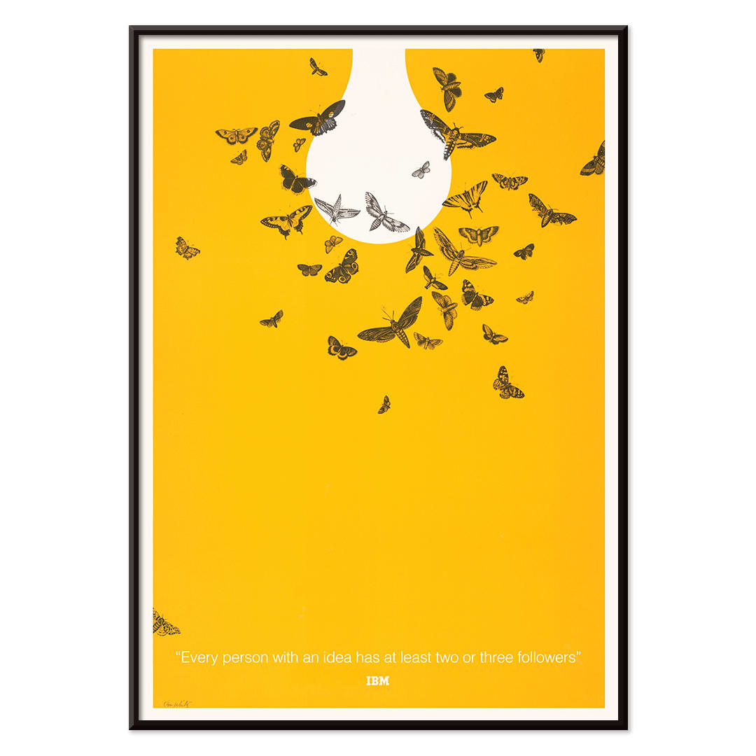 Ken White artwork Every person with an idea has at least two or three followers featuring butterflies attracted to a light bulb poster, with black aluminium frame on white background