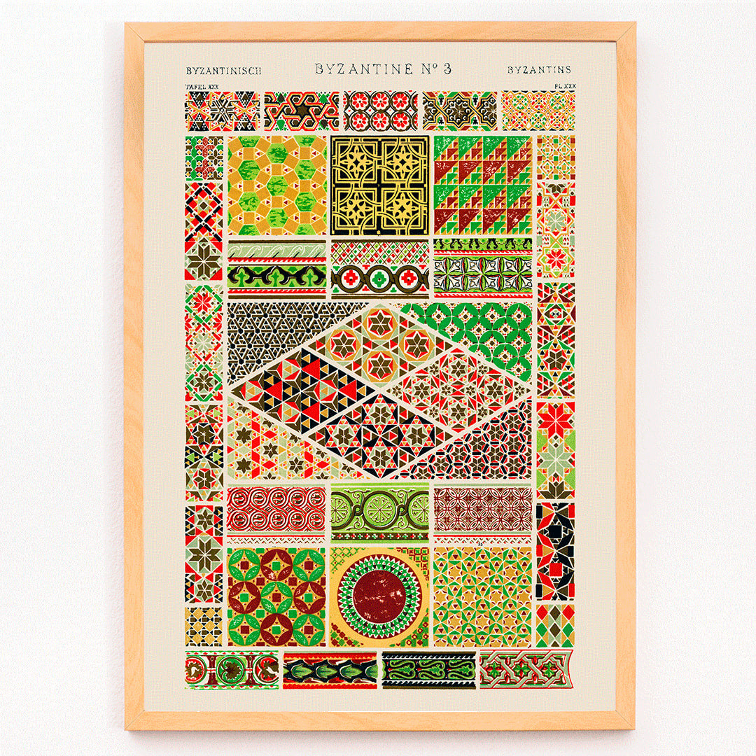 Byzantine 3 vintage pattern by Owen Jones from Grammar of Ornament book featuring colorful intricate geometric designs, framed and displayed in modern living room decor