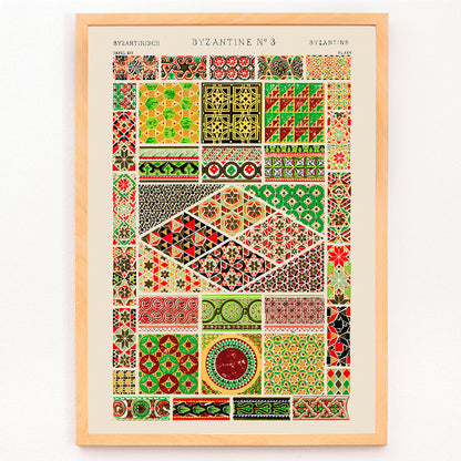 Byzantine 3 vintage pattern by Owen Jones from Grammar of Ornament book featuring colorful intricate geometric designs, framed and displayed in modern living room decor