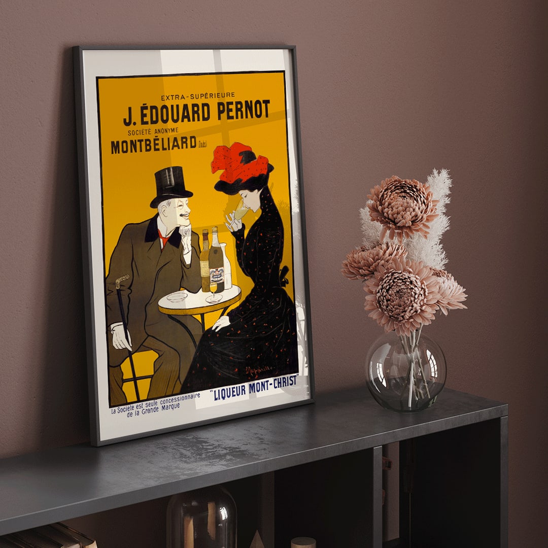 Man and woman sitting at a cafe table enjoying drinks artwork by Leonetto Cappiello Montbeliard poster with bottles displayed, framed and displayed in home decor