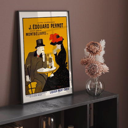 Man and woman sitting at a cafe table enjoying drinks artwork by Leonetto Cappiello Montbeliard poster with bottles displayed, framed and displayed in home decor