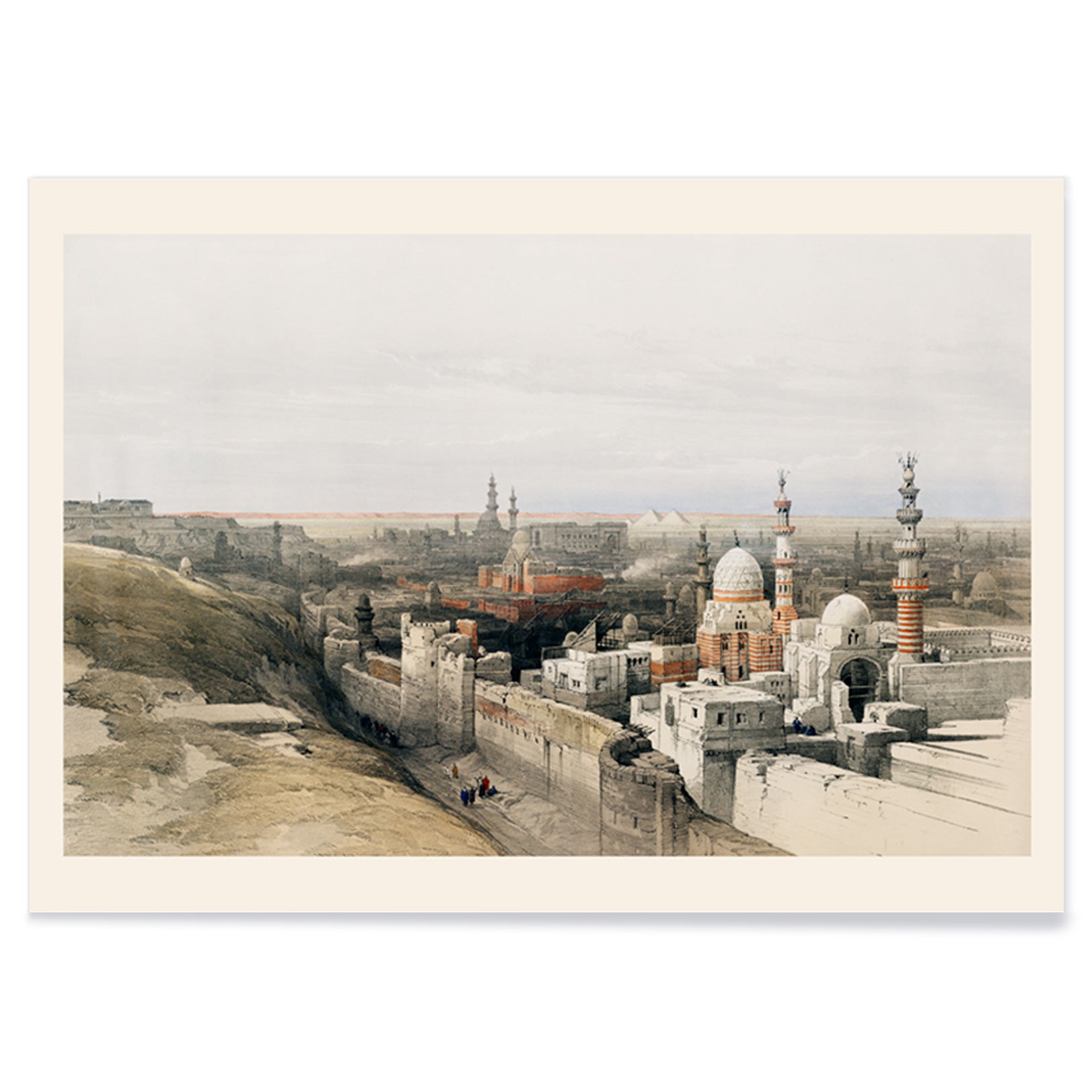 Panoramic cityscape of Cairo with mosques historic architecture and city walls looking west artwork by David Roberts, with black aluminium frame on white background