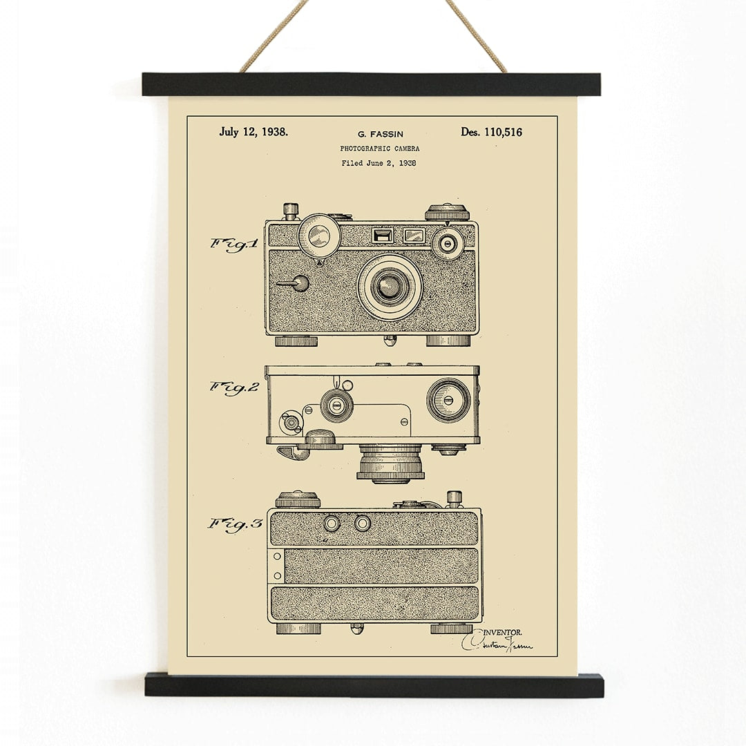 Photographic camera patent illustration and detailed patent drawings by G Fassin poster, with wooden magnetic frame on white background