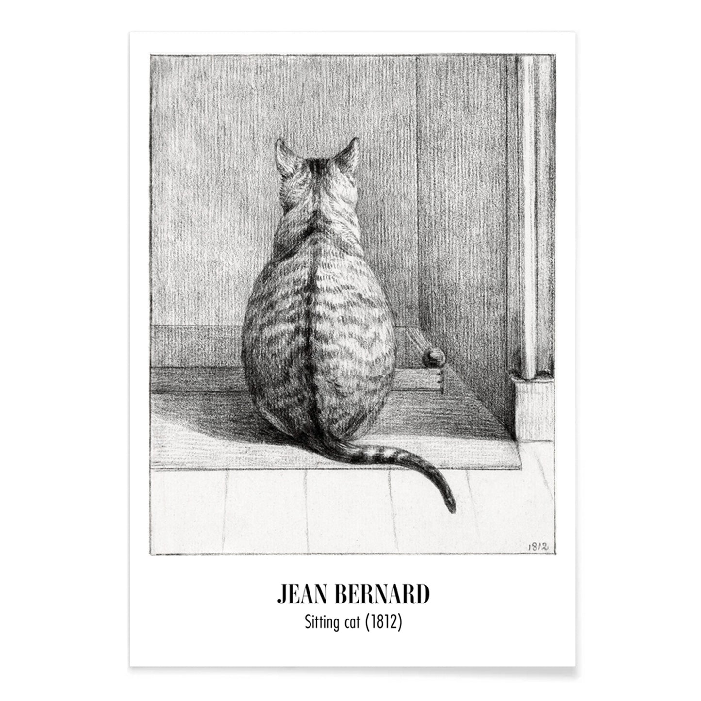 Detailed drawing poster of a sitting cat viewed from behind in a room artwork by Jean Bernard titled Sitting cat from behind, with black aluminium frame on white background