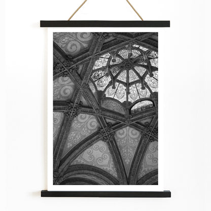Ornate vaulted ceiling detail and architectural artwork at Hospital de la Santa Creu i Sant Pau Barcelona by Lluis Domenech i Montaner, with wooden magnetic frame on white background
