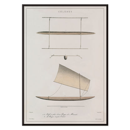 J. Tastu Celebes Canoe poster with minimalist canoe plan and side view in soft beige tones, with black aluminium frame on white background