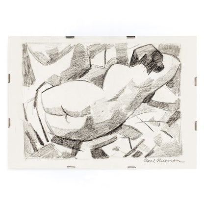 Charcoal sketch poster of reclining nude woman by Carl Newman featuring a black and white abstract figure, framed and displayed in modern living room decor