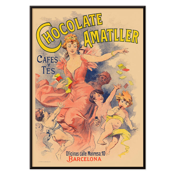 Anonymous Chocolate Amatller poster with dancing woman and children, bold yellow lettering, warm pastel tones, with black aluminium frame on white background