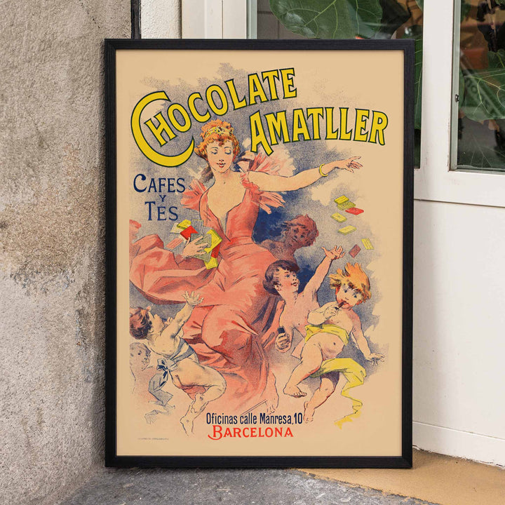 Anonymous Chocolate Amatller poster with dancing woman and children, bold yellow lettering, warm pastel tones, framed and displayed in modern living room decor