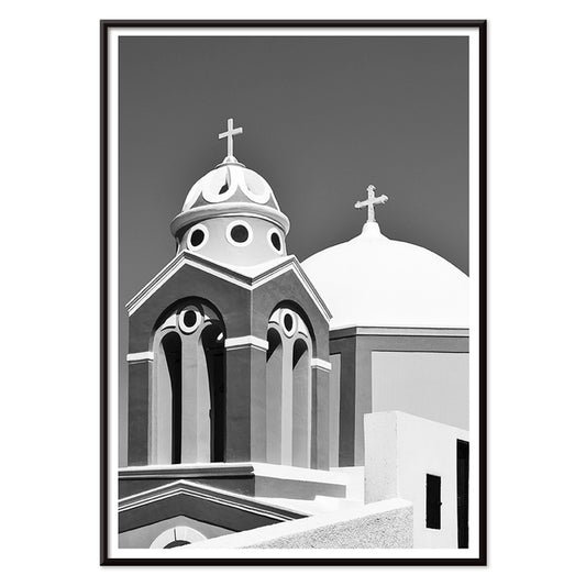 Black and white artwork of a traditional church dome and cross in Santorini Greece by artist Santorini Greece poster featuring classic architecture against a clear sky, with black aluminium frame on white background