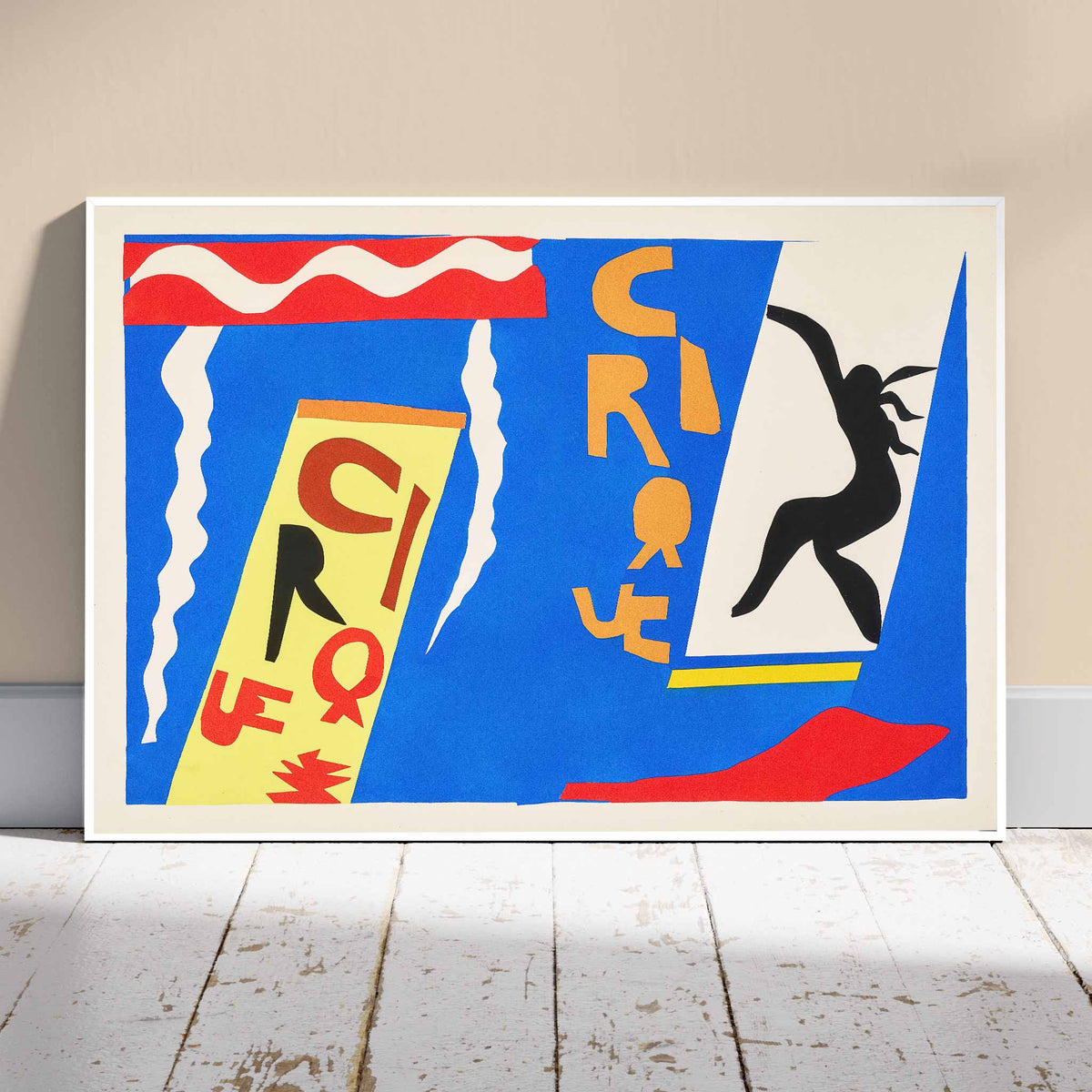 Henri Matisse Cirque poster with black acrobat silhouette, cut-paper circus lettering and white streamers on blue, framed and displayed in modern living room decor