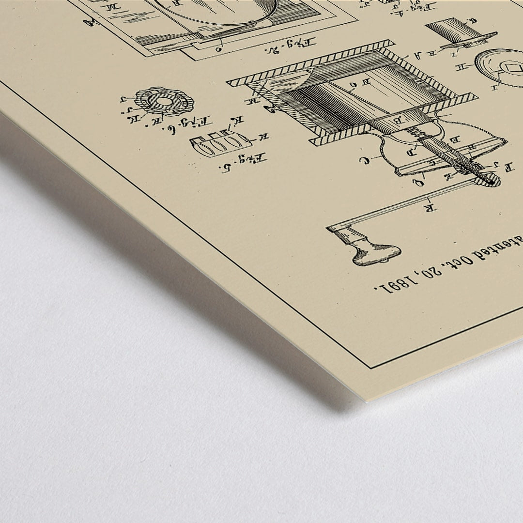 Closeup detail of Vintage mechanical drawing and patent sketch of a coffee grinder titled Coffee Mill by C Morgan featuring detailed illustrations and technical specifications