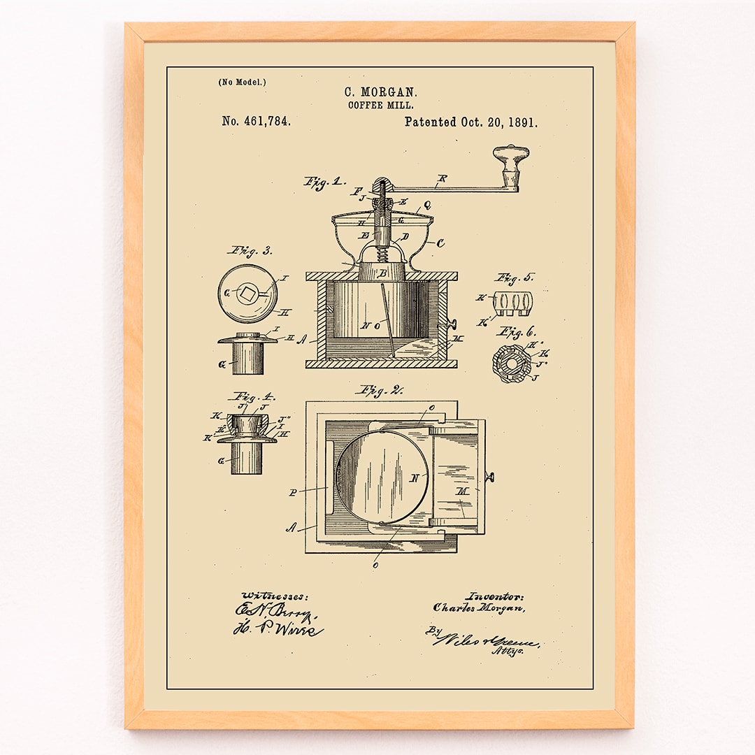 Vintage mechanical drawing and patent sketch of a coffee grinder titled Coffee Mill by C Morgan featuring detailed illustrations and technical specifications, framed and displayed in modern living room decor