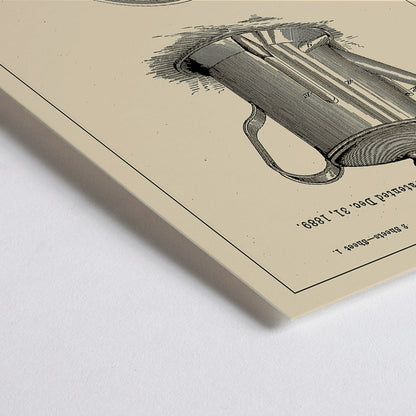 Closeup detail of Patent illustration poster of a coffee pot by JS Stidham with detailed technical drawings