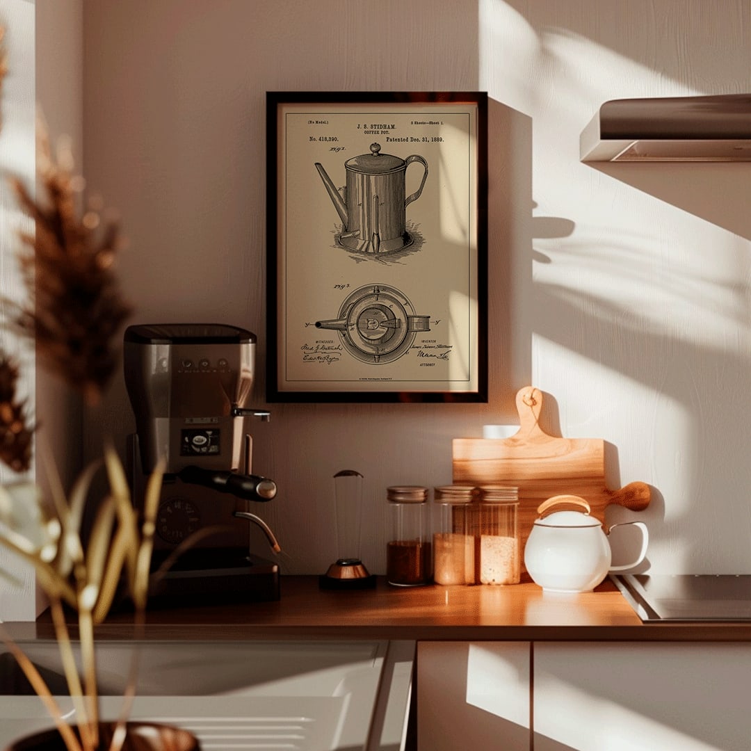 Patent illustration poster of a coffee pot by JS Stidham with detailed technical drawings, framed and displayed in home decor
