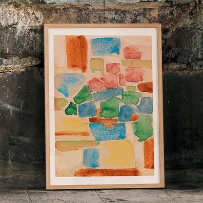 Floral Still Life by Alexej von Jawlensky abstract watercolor painting with vibrant geometric shapes in red blue and green tones, framed and displayed in modern living room decor