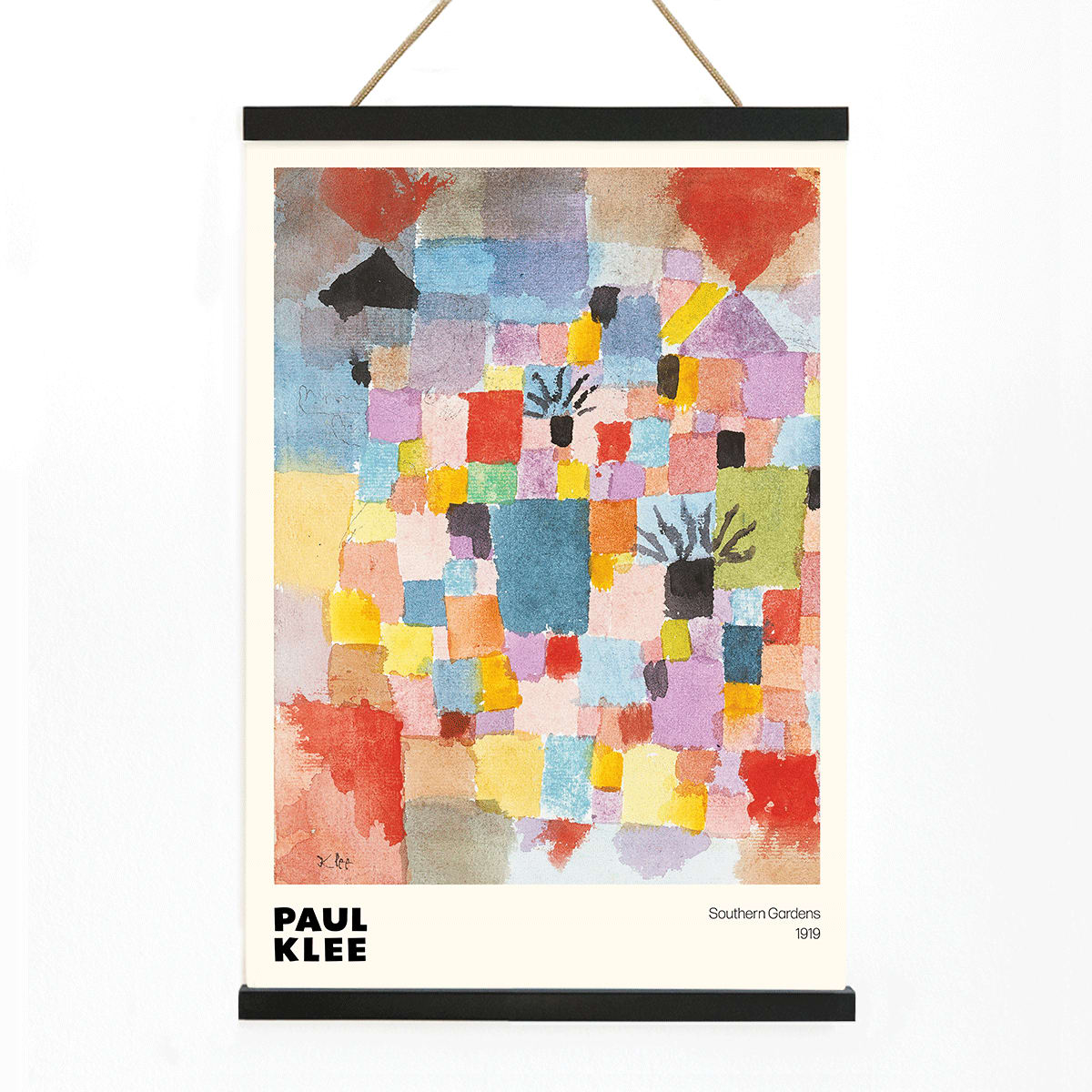 Colorful abstract painting Southern Gardens by Paul Klee featuring vibrant geometric blocks and shapes poster artwork, with wooden magnetic frame on white background