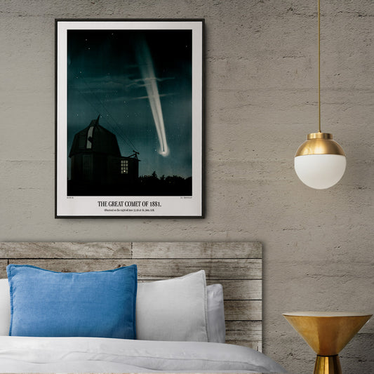 Night sky with bright comet over observatory artwork The Great Comet of 1881 by E L Trouvelot, framed and displayed in home decor