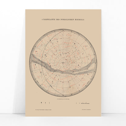 Vintage astronomy poster featuring a detailed map of northern sky stars titled Nothern Sky Star Poster by The Institute of Liepzig perfect for wall decor, framed and displayed in modern living room decor
