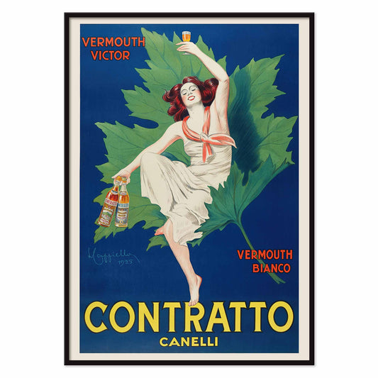 Leonetto Cappiello Contratto Canelli poster of a woman raising a glass above vermouth bottles with green vine leaves, with black aluminium frame on white background