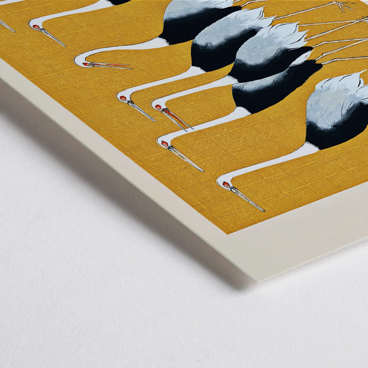 Closeup detail of Traditional Japanese red crown crane artwork and portrait poster featuring a flock of beautiful birds by Ogata Korin