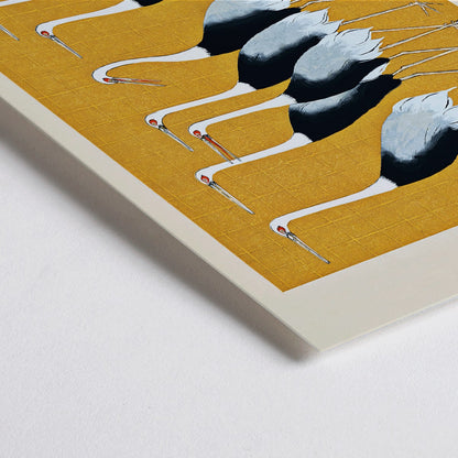 Closeup detail of Traditional Japanese red crown crane artwork and portrait poster featuring a flock of beautiful birds by Ogata Korin