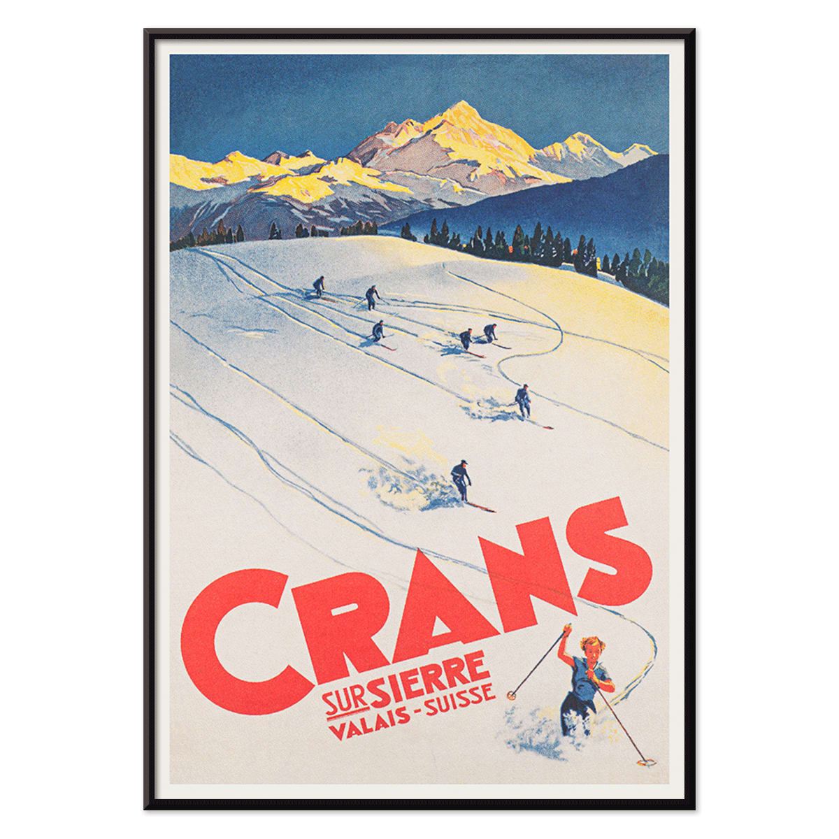 Crans sur Sierre Switzerland Ski Poster by Martin Peikert with skiers descending snowy mountain slopes and vibrant mountain backdrop, with black aluminium frame on white background