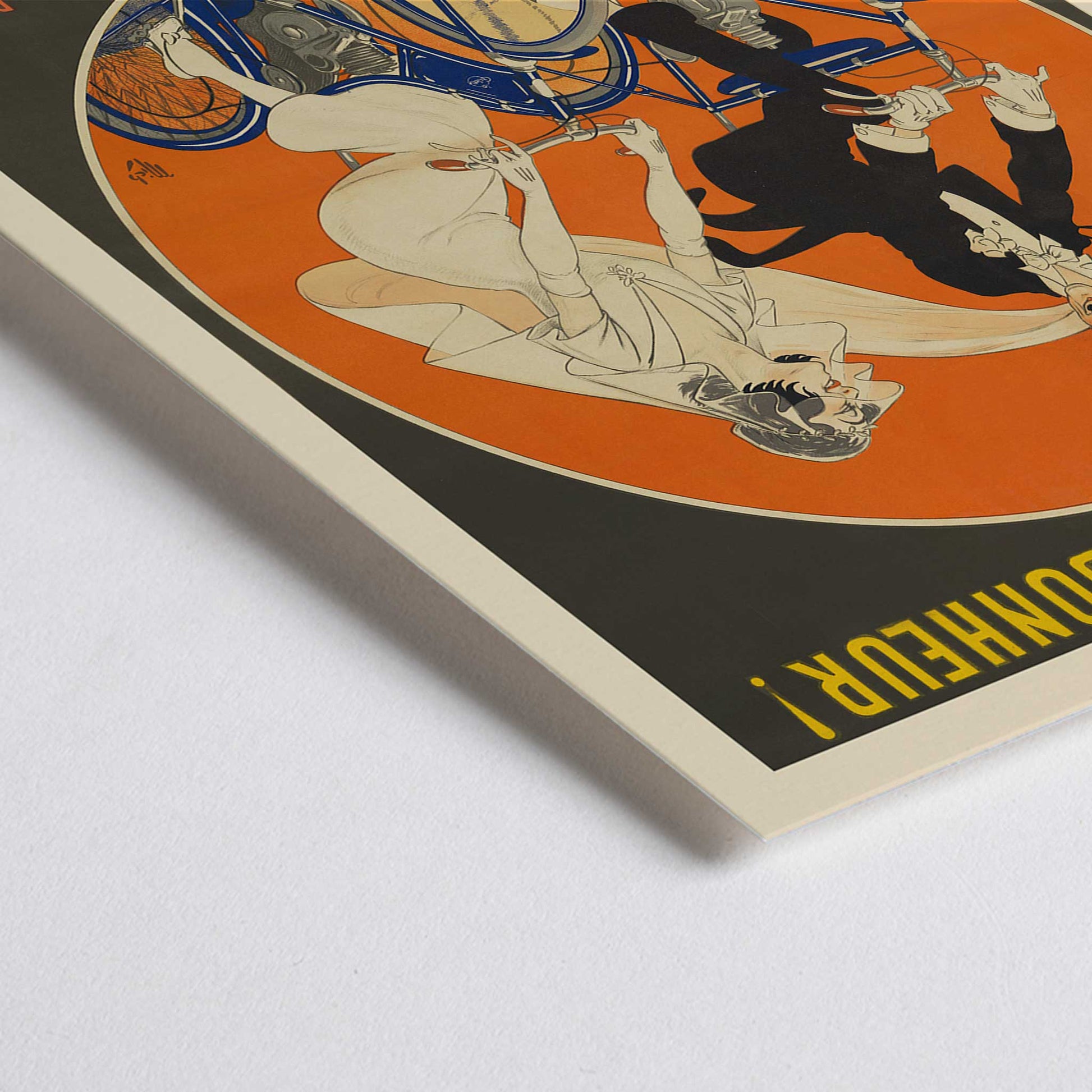 Closeup detail of Michel Liebeaux Sur la route du bonheur vintage cycling poster with stylish couple riding blue bicycles against vivid orange circle