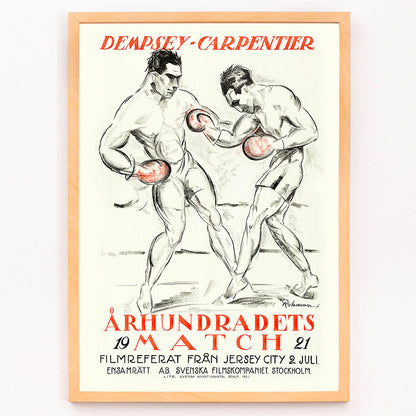 Boxing Match of the Century Dempsey Vs Carpentier illustration and poster by Eric Rohman showing two boxers mid fight with Swedish text, framed and displayed in modern living room decor