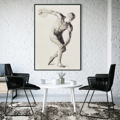 Discus Thrower by Jan Veth classical male athlete in dynamic discus throwing pose artwork and poster, framed and displayed in home decor