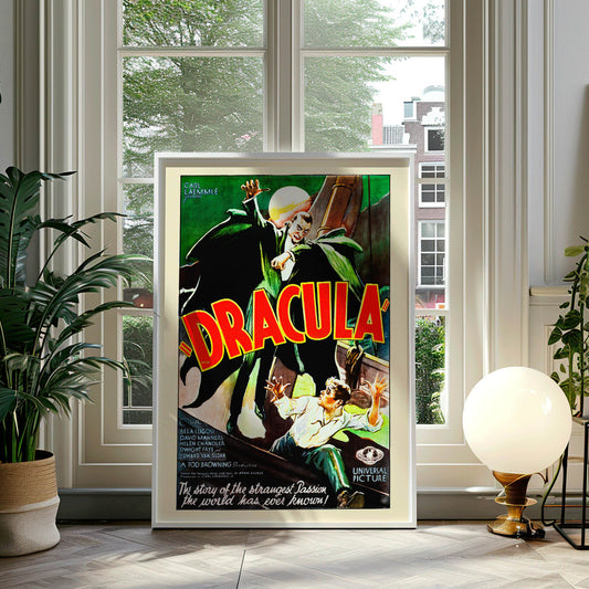 Dracula movie poster by artist showing a menacing Dracula in a green cloak pursuing a terrified man with a full moon in the background, framed and displayed in home decor
