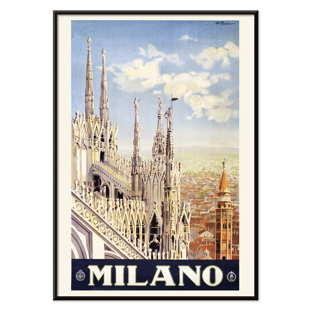 Milano cityscape and Duomo di Milano skyline illustrated by Allessandro Pomi in classic style artwork poster, with black aluminium frame on white background