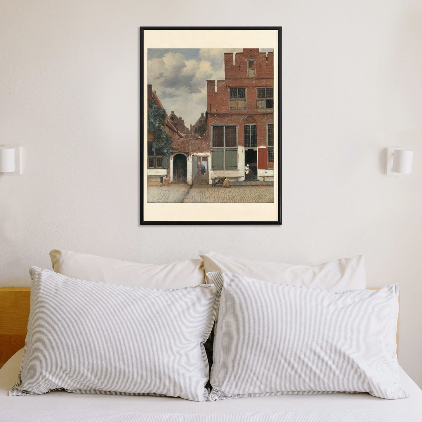 Poster of a charming street scene with brick houses and figures from View of Houses in Delft The Little Street by Johannes Vermeer, framed and displayed in home decor