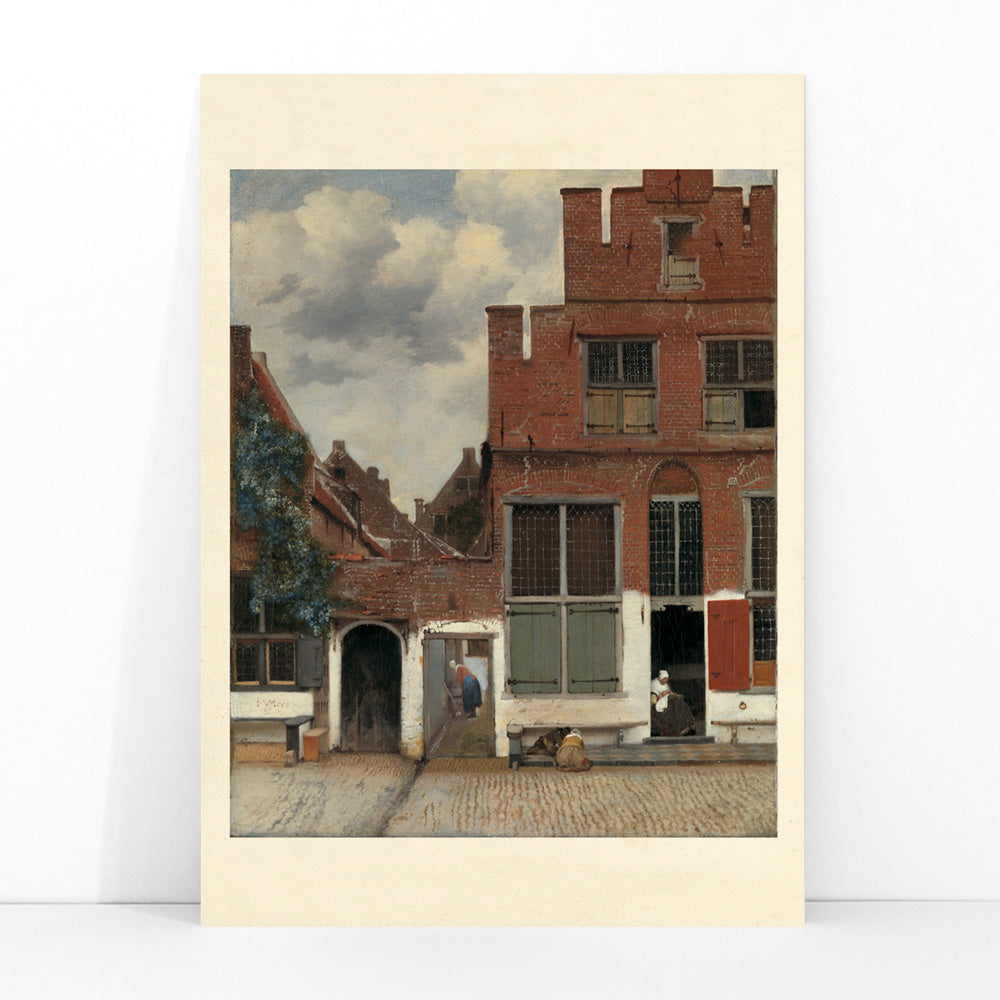 Poster of a charming street scene with brick houses and figures from View of Houses in Delft The Little Street by Johannes Vermeer, framed and displayed in modern living room decor