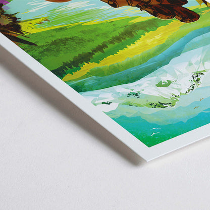 Closeup detail of Two people in spacesuits admire a lush green landscape with mountains and a lake Earth Your Oasis in Space by NASA poster artwork