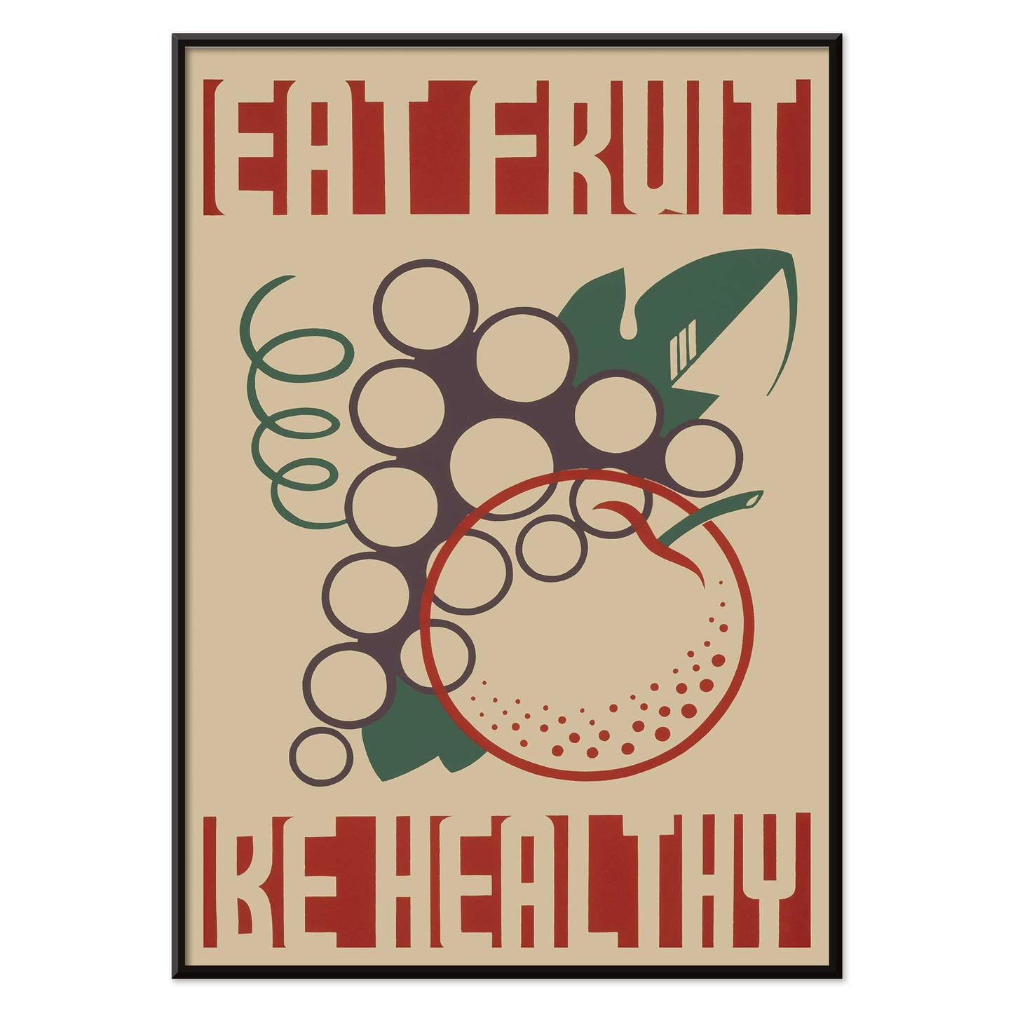 Work Projects Administration Eat Fruit Be Healthy poster with bold red type and stylized fruit, with black aluminium frame on white background