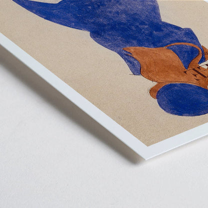 Closeup detail of Egon Schiele exhibition poster featuring Red Hair Blue Hat artwork showing a woman with red hair in a blue dress and hat