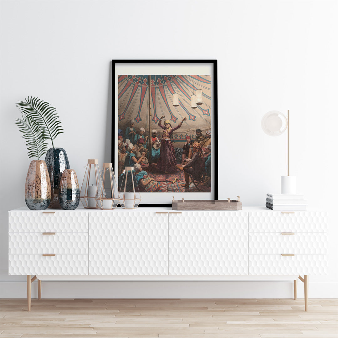 Egyptian dancer performing in a tent with musicians and spectators poster artwork by Willem de Famars Testas, framed and displayed in home decor