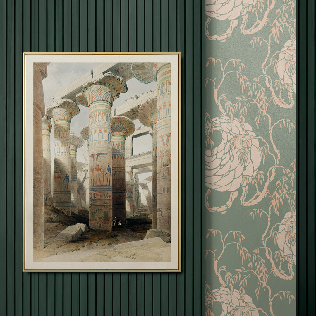 Ancient Egyptian temple columns with hieroglyphs and painted details at Karnak ruins artwork by David Roberts, framed and displayed in home decor