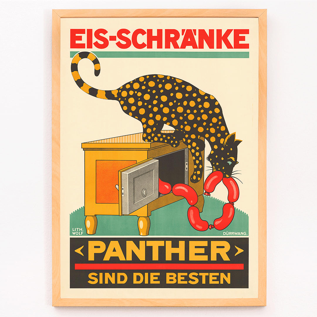 Panther Sind die Besten Swiss poster with panther eating sausages from icebox lithograph by Lith Wolf, framed and displayed in modern living room decor