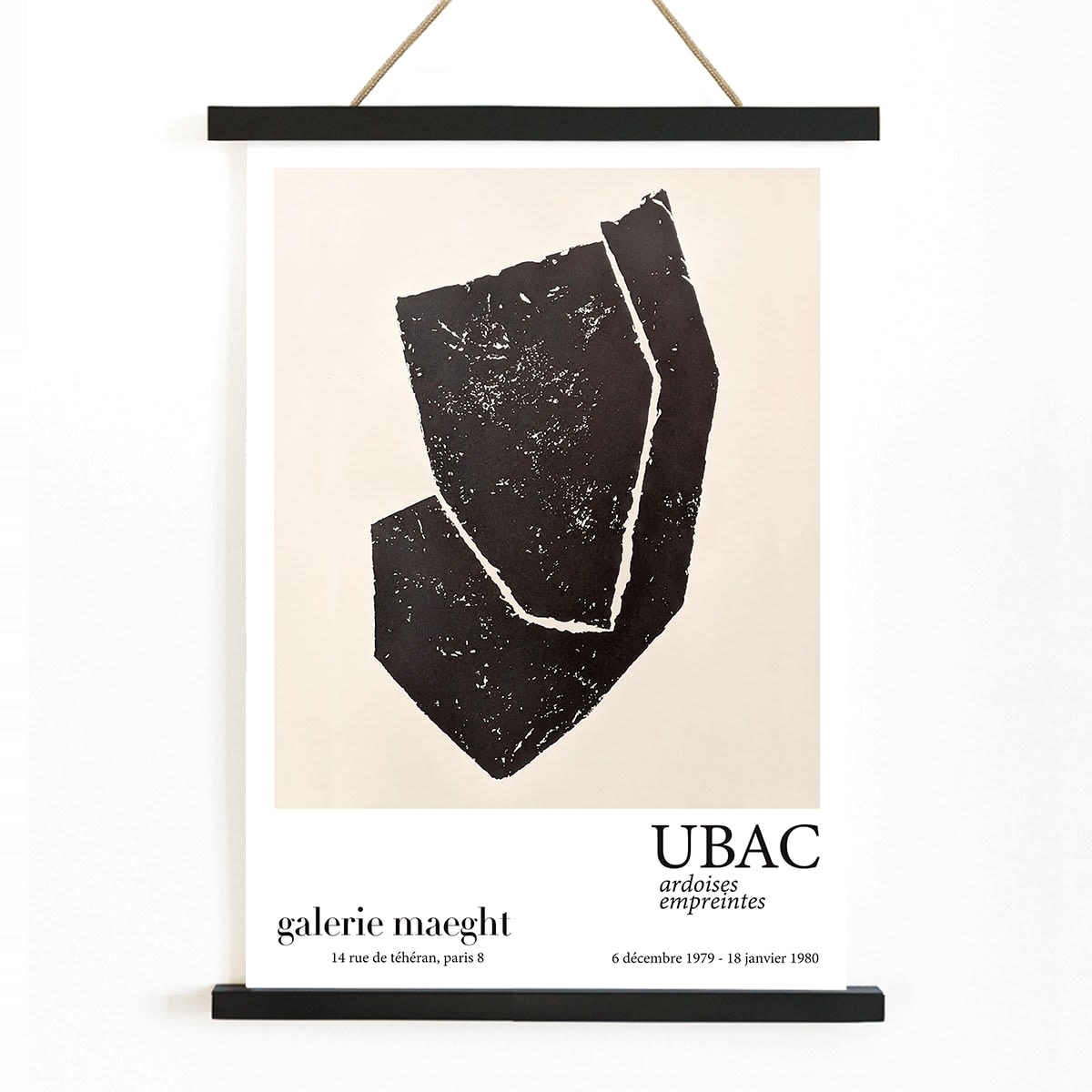 Ardoises Empreintes exhibition poster by Raoul Ubac featuring black abstract shapes and design on white from Galerie Maeght Paris, with wooden magnetic frame on white background