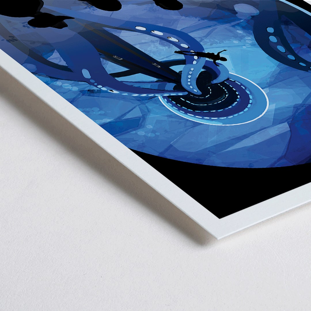 Closeup detail of Futuristic underwater scene on Europa with giant tentacled creatures diver and people observing life under the ice by NASA