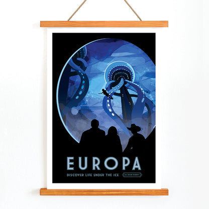Futuristic underwater scene on Europa with giant tentacled creatures diver and people observing life under the ice by NASA, with wooden magnetic frame on white background