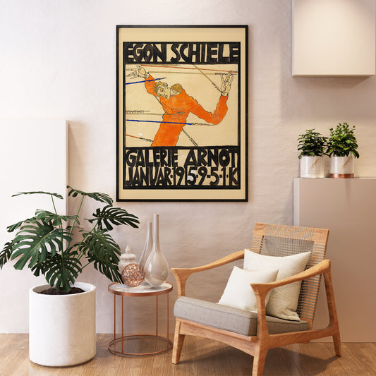 Expressionist poster by Egon Schiele featuring a contorted orange figure with bold black text Schiele-Ausstellung in der Galerie Arnot, framed and displayed in home decor