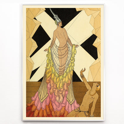 Closeup detail of Art deco illustration and poster of elegant woman in feathered gown with kneeling figure inspired by Falbalas et fanfreluches by George Barbier