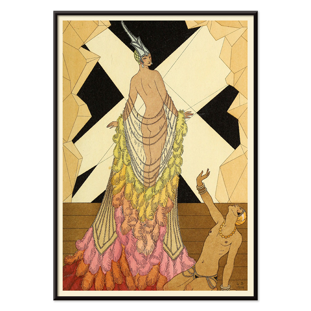 Art deco illustration and poster of elegant woman in feathered gown with kneeling figure inspired by Falbalas et fanfreluches by George Barbier, with black aluminium frame on white background