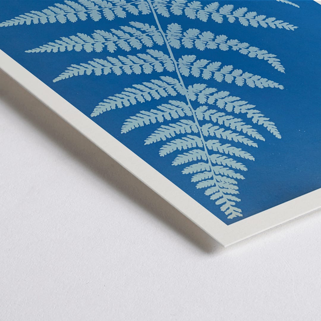 Closeup detail of Cyanotype poster of Lastrea dilatato fern artwork by Anna Atkins featuring a blue background