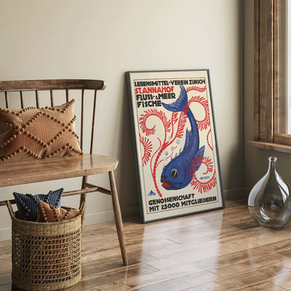 Colorful fish poster with bubbles red seaweed and blue fish with red swirls bold text Food Association Zurich river and sea fish by Sebastian Oesch, framed and displayed in home decor