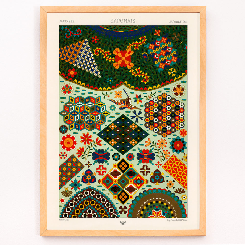 Closeup detail of Colorful Japanese pattern artwork by Albert Racinet from Lornement Polychrome featuring intricate geometric and floral designs poster