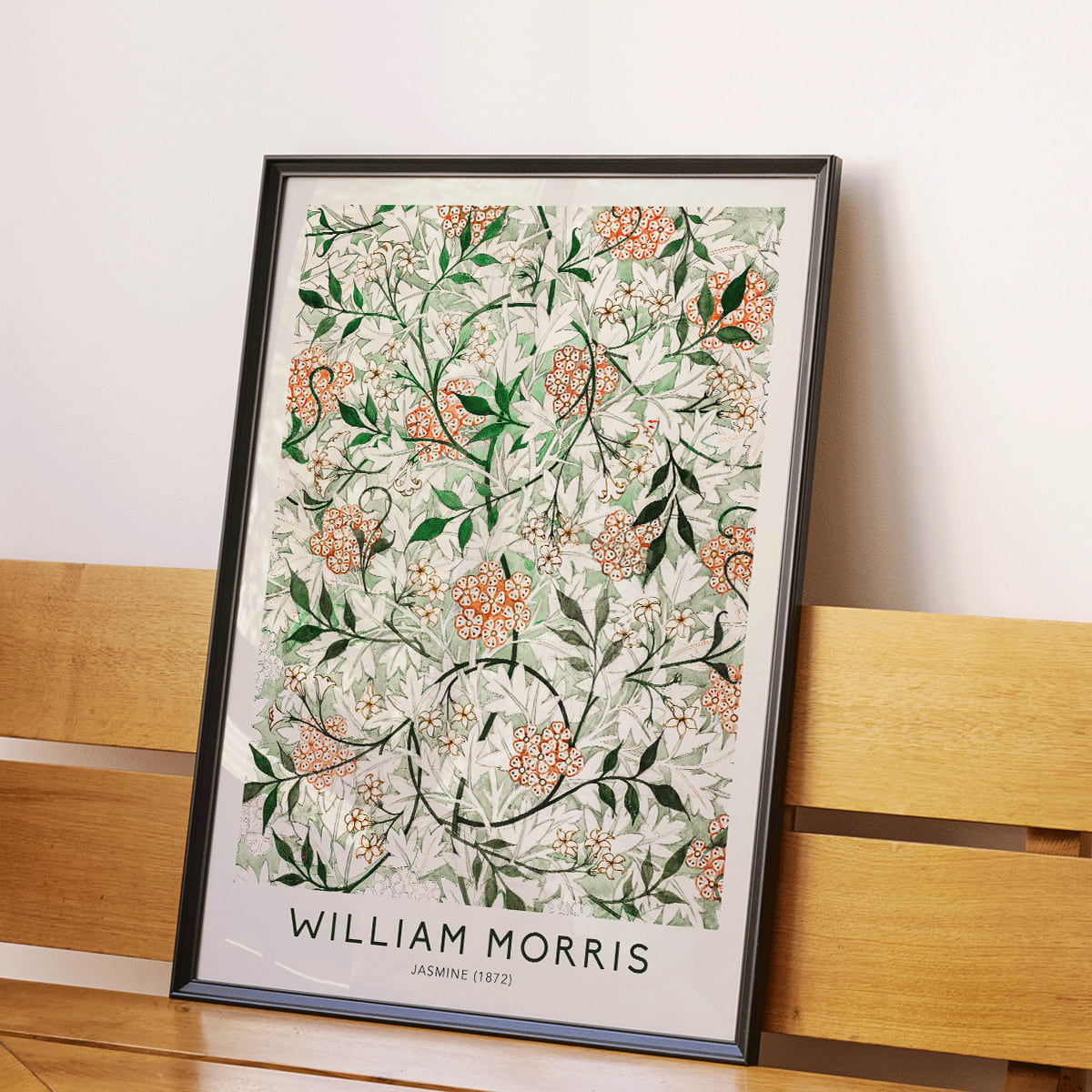 Floral botanical pattern of jasmine flowers and green orange leaves by William Morris artwork poster, framed and displayed in modern living room decor